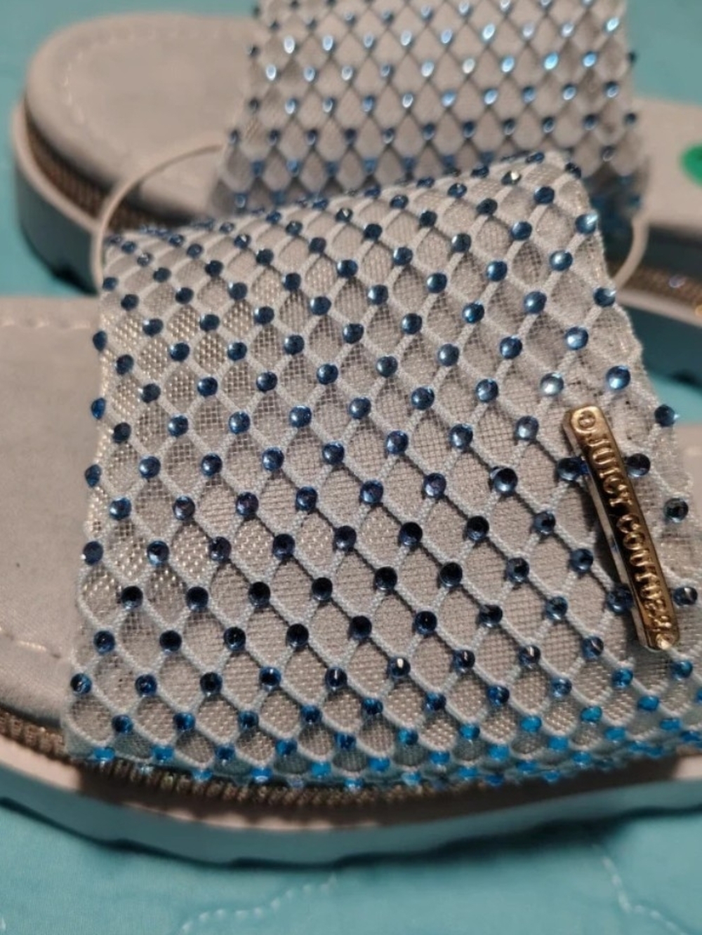 Juicy Couture Silver Slides with Blue Crystal Accents